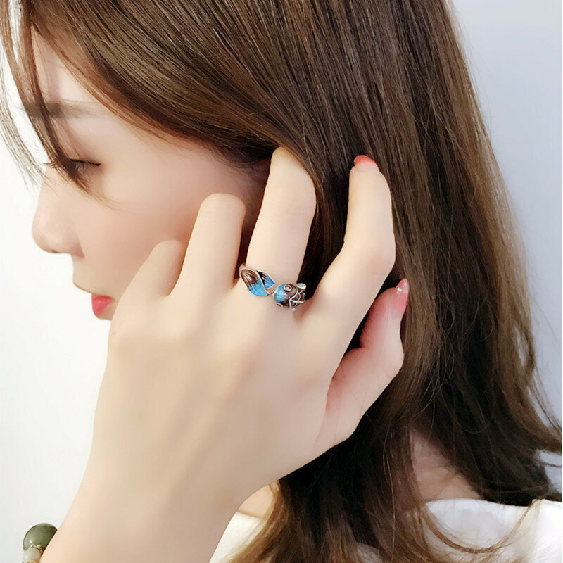 สีฟ้าสีม่วงKoiปลาแหวนผู้หญิงเครื่องประดับVintage 925แหวนเงินแท้ผู้หญิงคริสตัลสีเขียวแหวนหญิงแหว...