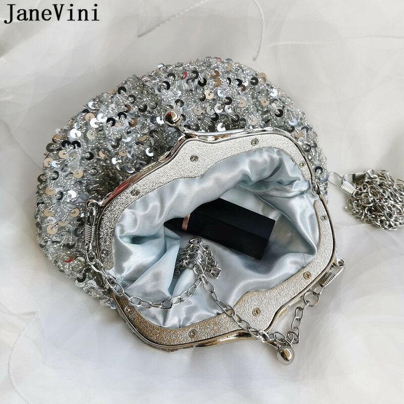 JaneVini Tas Clutch Wanita Manik-manik Bling Vintage Dompet Pesta Malam Wanita Tas Tangan Bahu Rantai Pengantin Emas Perak