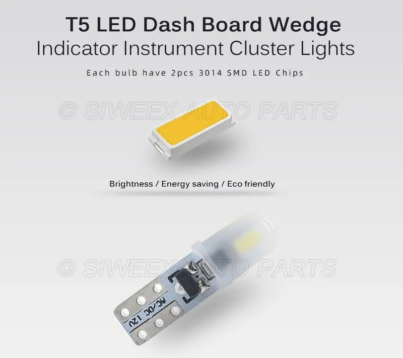 Auto Car Dashboard LED Lights, lâmpada de painel de instrumentos de leitura, lâmpada branca, 2 3014 SMD, sem polaridade, 12V, DC, T5, 10 pcs