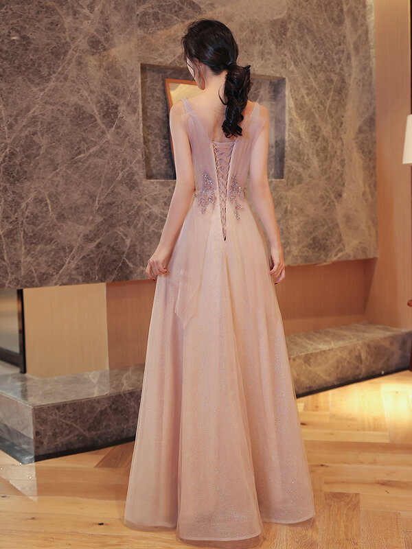 Elegant Evening Dress For Women V-Neck Floral Sequined A-Line Slim Party Gowns Appliques Floor-Length Form Pageant Dresses