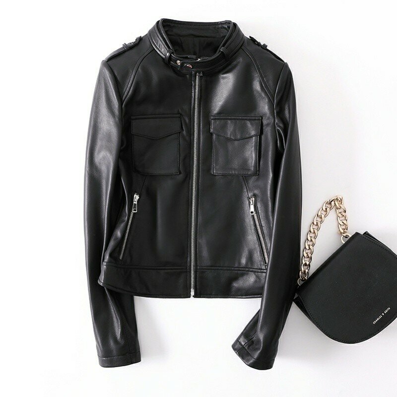 New High quality Female Winter Genuine Leather Jacket Slim Short Korean Stand-up collar Women Motorcycle Natural pocket Coats
