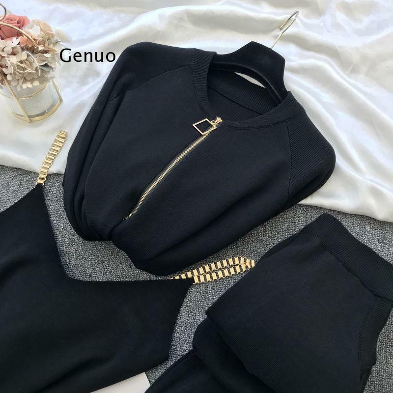 New 3Pcs Knitting Suit Long-Sleeved Zip Jacket Cardigans Tank Top Pants Women Fashion Solid Lounge Set Casual Tracksuits