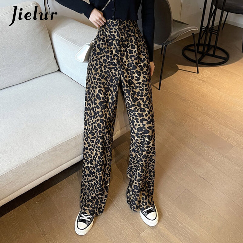 Jielur-pantalones de leopardo de cintura alta para mujer, ropa de calle joven, Vintage, informal, Y2K, Hip-Hop, pierna ancha
