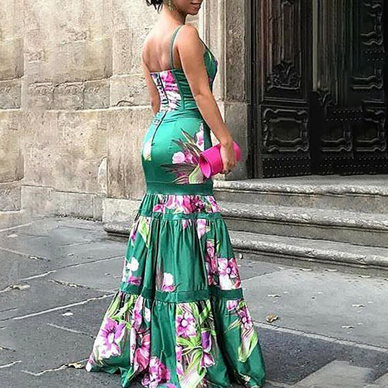 Elegante Blumen Gedruckt Sommer Frauen Sling Party Kleid Vintage Sleeveless Patchwork A-linie Dame Kleid Sexy Femme Ferien Vestido