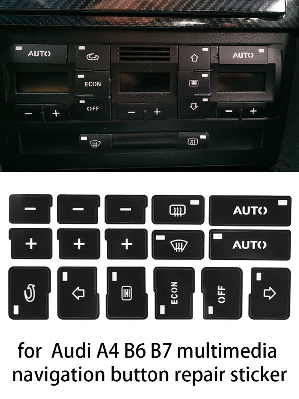 Pegatinas de reparación de botones de Control de aire acondicionado de coche, calcomanías de estilo para Audi A4, B6, B7, 2000, 2001, 2002, 2003, 2004, 1 unidad