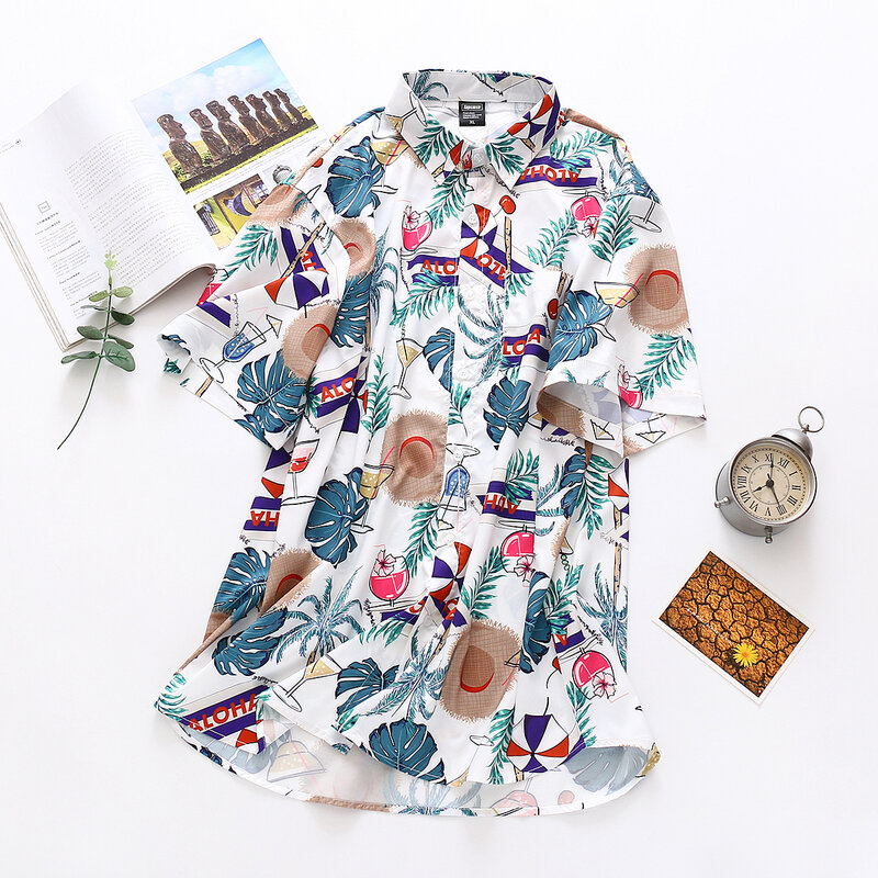 Blusa holgada informal de manga corta para verano, camisa blanca con estampado de hojas para mujer, cuello vuelto, T0