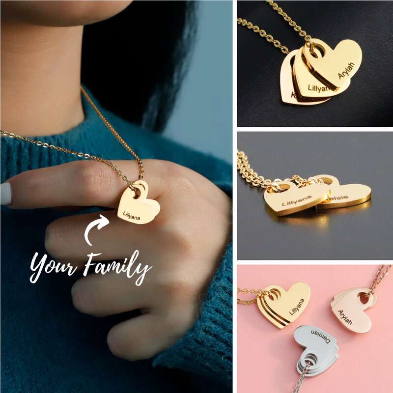Personalized Heart Pendants Necklace Engraved your family names Mother's Day Necklace Jewelry Gift  gold rosegold steel color