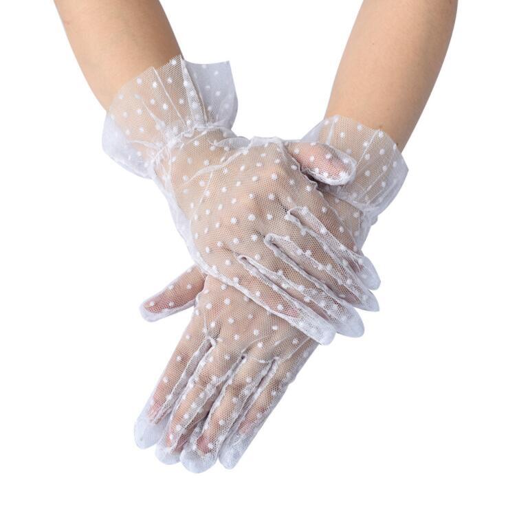 Sarung tangan gaun Prom wanita sarung tangan jari penuh titik renda seksi tembus pandang untuk gaun pesta sarung tangan pengantin