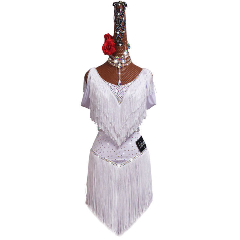 Novo vestido para dança latina, vestidos para competição, decoração branca, saia latina de dança, com borla, gola redonda