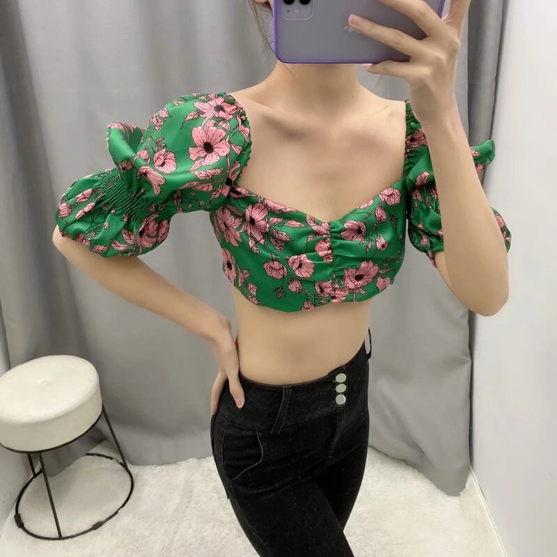 Green Floral Sexy Party Blouses Shirt Elegant Ruffles Puff Sleeve Cropped Tops 2020 Vintage Backless Slim Women Tops