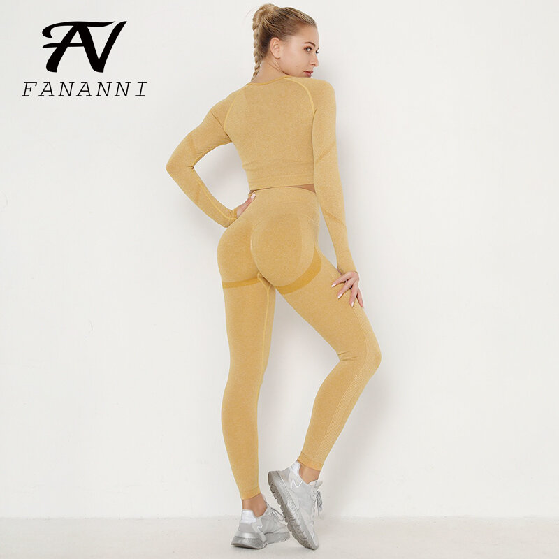 Seamless Yoga Wear Suit Women High Waist Tight-Fitting Sports Long-Sleeved Fitness Yoga Pants Two-Piece Suit