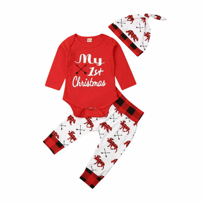 Lovely Kids Baby Girl Boy My First Christmas Letter Romper Pant Hat Outfits Xmas Set Autumn Clothing