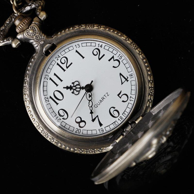 Cubierta de patrón de tren de bronce de diseño, movimiento de cuarzo, reloj de bolsillo, collar, cadena colgante, regalos Unisex