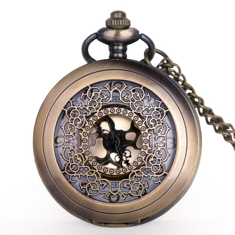 New Vintage Pocket Watches Bronze Hollow Design Quartz Pocket Watches Necklace Chain Pendant for Mens Womens Gifts Clock