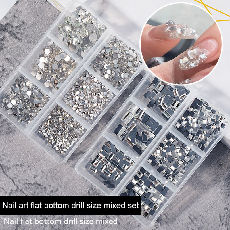 1 caja de diamantes de imitación para decoración de uñas, cristal dorado y plateado, fondo plano transparente de todos los colores, accesorios de bricolaje de forma mixta, decoración 3D en maceta de 6 celdas