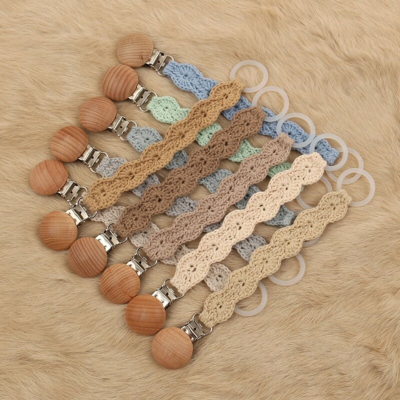 Handmade Crochet Pacifier Clip Cotton Wooden Baby Pacifier Chain Clips Newborn Nipple Holder Teething Soother Chew Dummy Clips