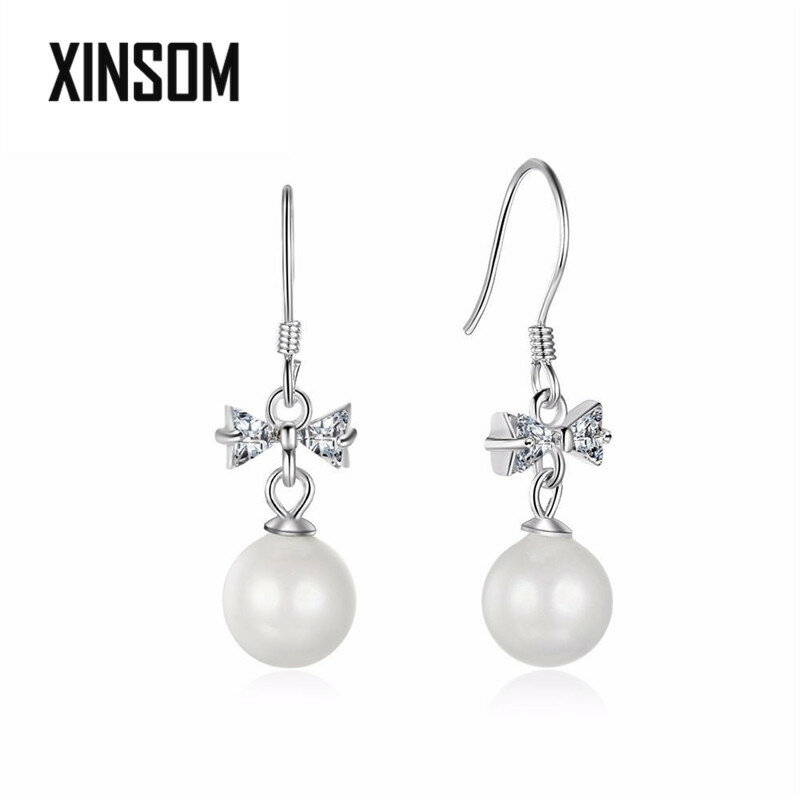Pendientes elegantes de Plata de Ley 925 XINSOM para mujer, Pendientes colgantes de perlas con lazo de circón romántico, joyería fina de regalo 20MARE10
