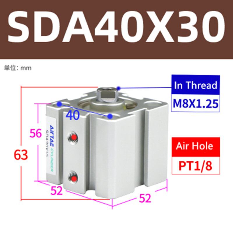 Mini cilindro fino airtac sda20/25/32/40*5/10x15x30x35x40x50 * 60b