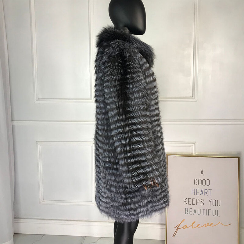 Abrigo de piel de zorro plateado para mujer, abrigo largo natural de piel de zorro real, talla grande