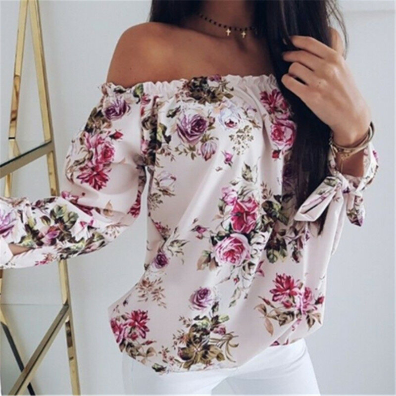 arrival Women Off Shoulder Tops Long Sleeve Floral Print Pullover Casual Blouse Hals Langarm Chiffon Summer Chiffon Blouse Lady