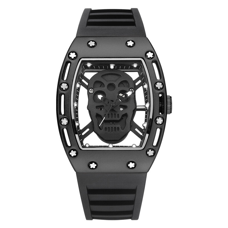 Toneau relógio de pulso esportivo, relógio de pulso com cabeça de caveira, pulseira de borracha, vidro transparente, marca