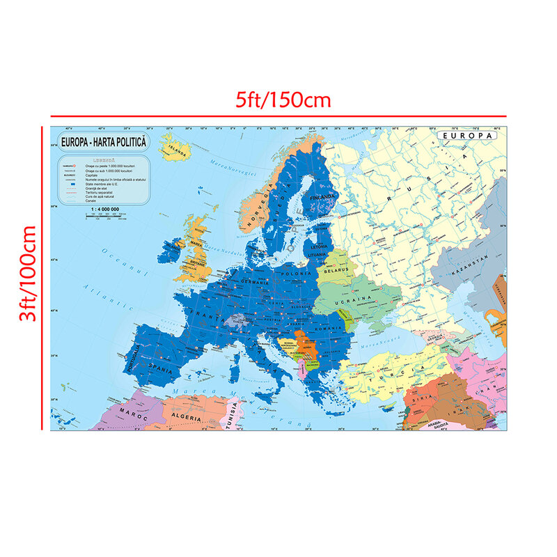 Romeno europa mapa 150*100cm não-tecido lona mapa da europa papel de parede arte grande cartaz material escolar decoração para casa