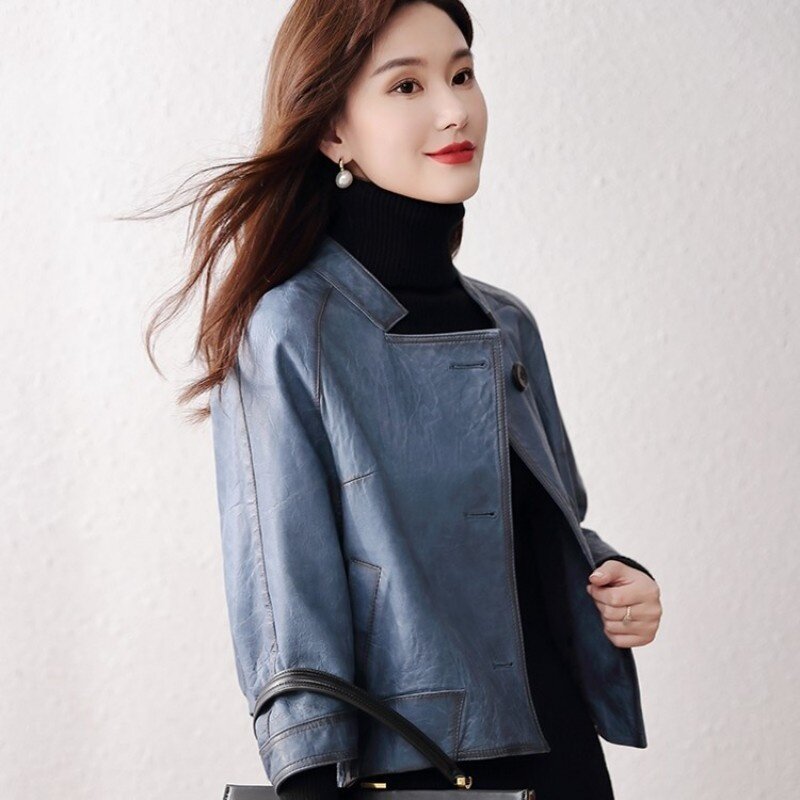 Biker retro jaqueta de couro genuíno feminino coreano curto pele carneiro solto trench coat luxo batwing manga outerwear feminino