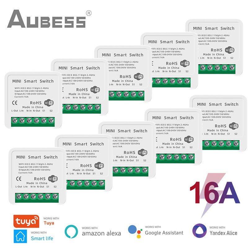 AUBESS-miniinterruptor inteligente con WiFi para el hogar, de 2 vías dispositivo de Control, con Alexa, Google Home, Alice, App Smart Life, 16A