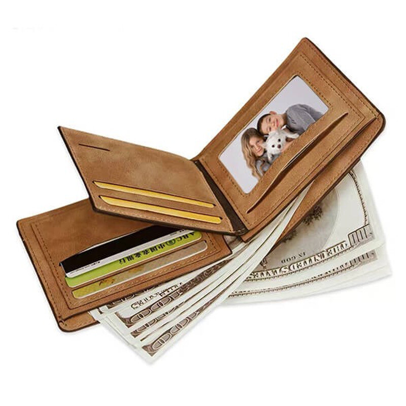 Męski krótki portfel ze skóry PU grawerowane zdjęcie spersonalizowana torebka wysokiej jakości Vintage wąski portfel dzień ojca tata prezent na boże narodzenie