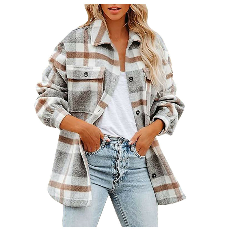 Feminino vintage escovado xadrez camisas manga longa flanela lapela botão para baixo bolso shacket flanela jaqueta casacos inverno primavera