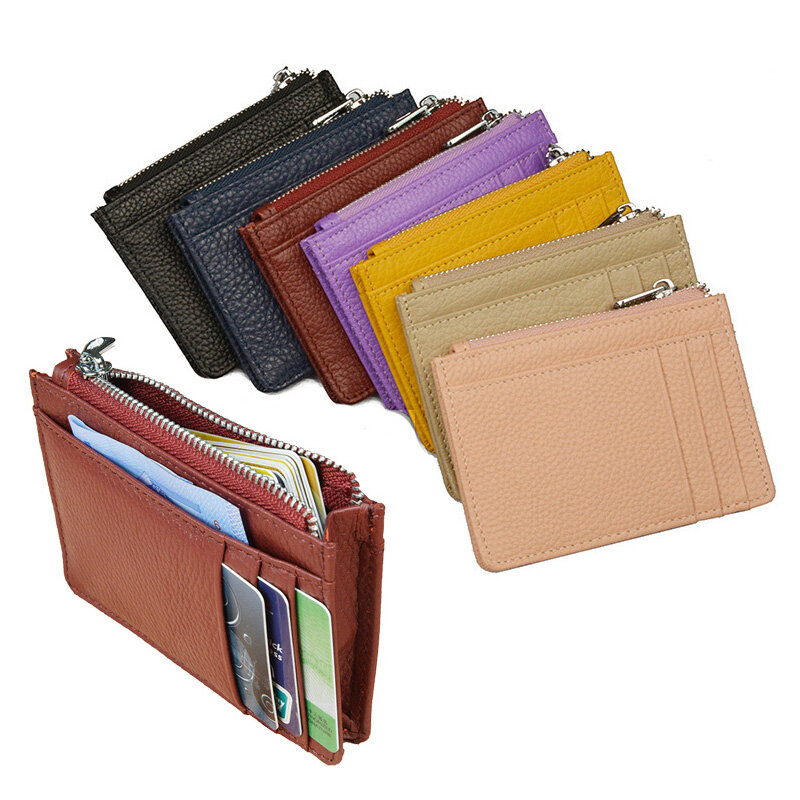 Tarjetero de cuero genuino para tarjetas de identificación, cartera grande y ancha con cremallera gruesa de Color caramelo, bolso para tarjetas de crédito bancarias