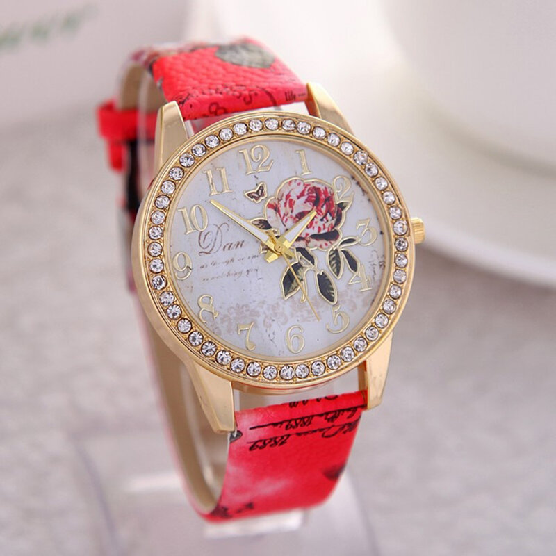 Moda feminina impressão rosa padrão strass relógio de pulso relógio casual relógio de quartzo reloj mujer relogio feminino reloj hombre ladi