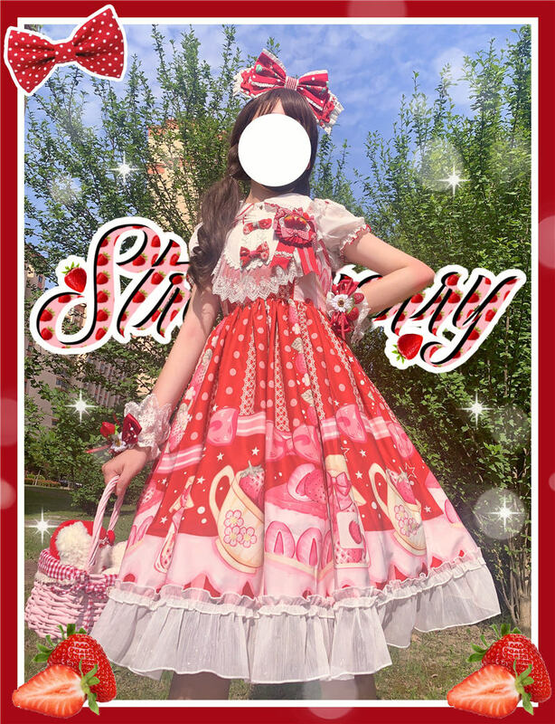 Vestido Lolita JSK feminino, irmã macia japonesa, bolo de morango, borda de renda, costura, cintura alta, sem mangas, verão