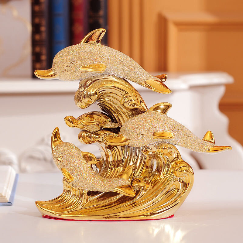 Artesanías de decoración de boda europeas, accesorios de decoración del hogar de cerámica creativa para habitación, decoraciones de caballos de delfines dorados