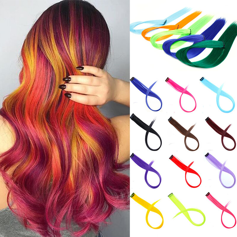 Lupu Synthetic 22 Inch Long Straight Hair Extensions Ombre Pink Purple Yellow Clip In Fake Hair Rainbow Color Heat Resistant