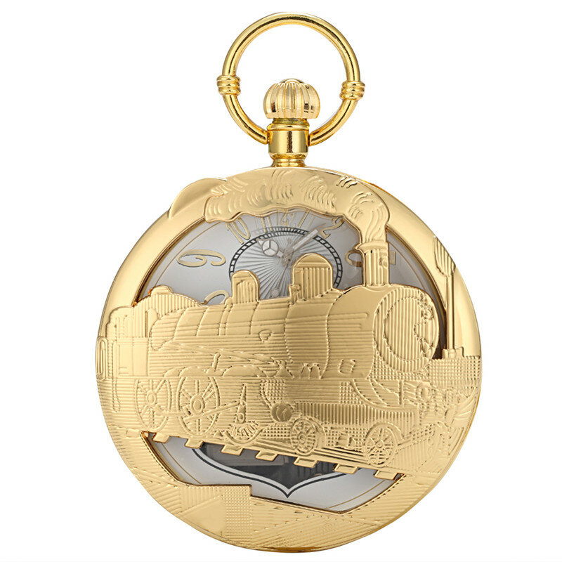 Reloj de bolsillo Musical Steampunk, diseño de tren hueco dorado, Swan Lake, Playing Music Locomotive, relojes de cuarzo, cadena colgante
