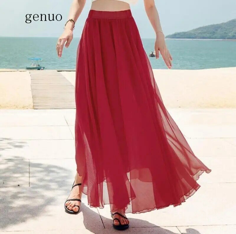 2020 새로운 패션 비치 스커트 여성 여름 우아한 쉬폰 스커트 비대칭 a 라인 스커트 솔리드 캐주얼 슬림 롱 스커트