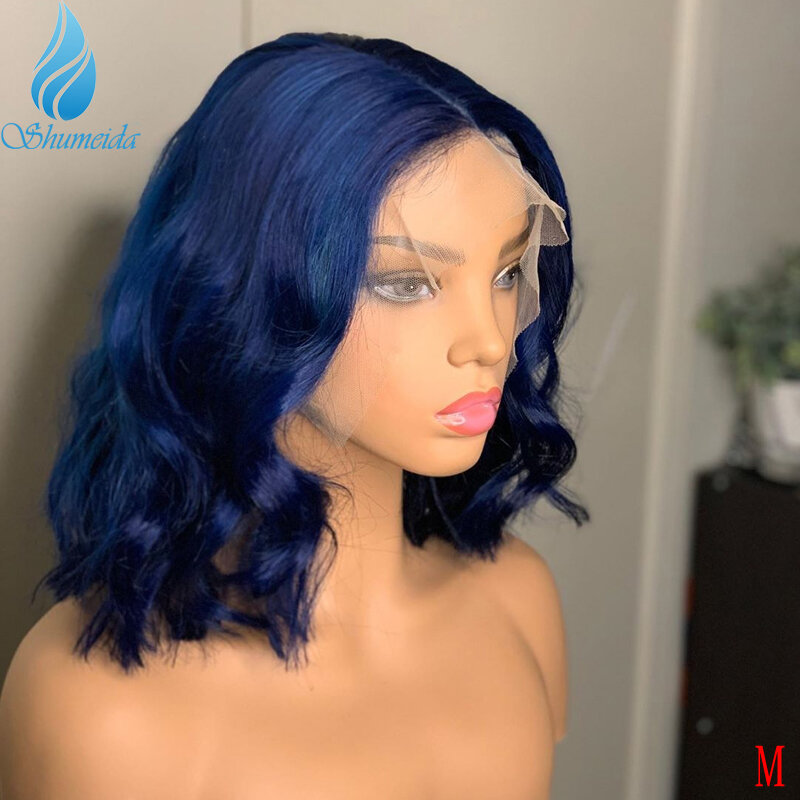 Shumeida-Peluca de cabello humano brasileño Remy, pelo corto Bob con encaje frontal 13x4, Color azul