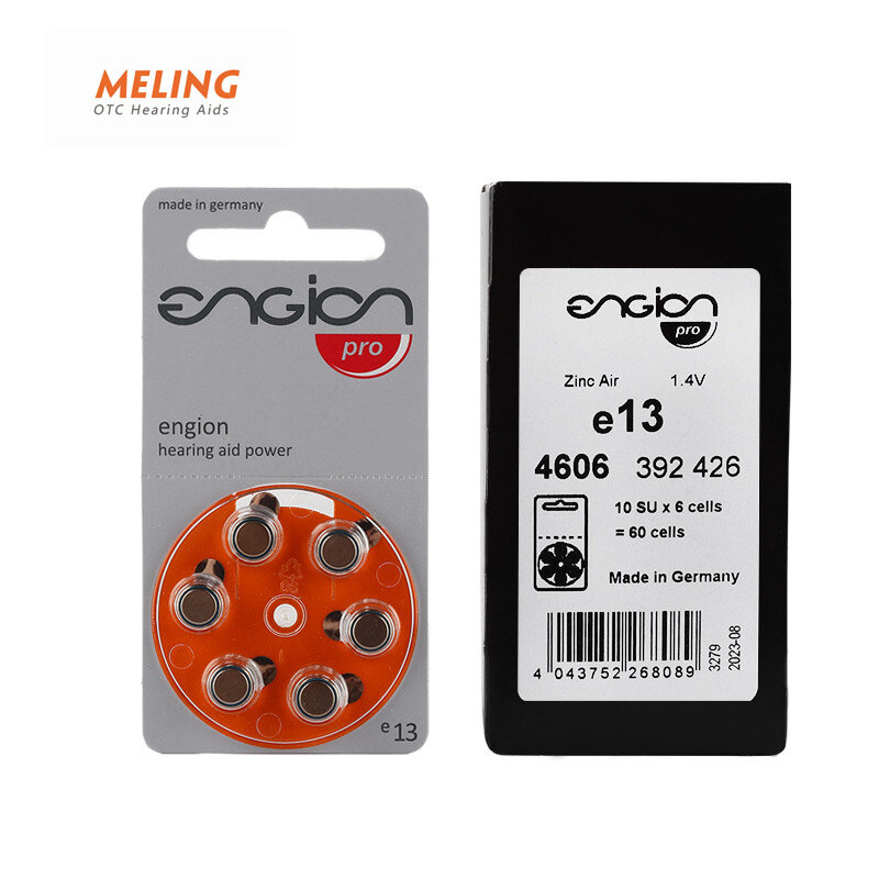 Meling Engion-Bateria de ar de zinco para aparelhos auditivos, BTE, ITE, E13, A13, PR48, desempenho, baterias, feita na Alemanha, 60pcs