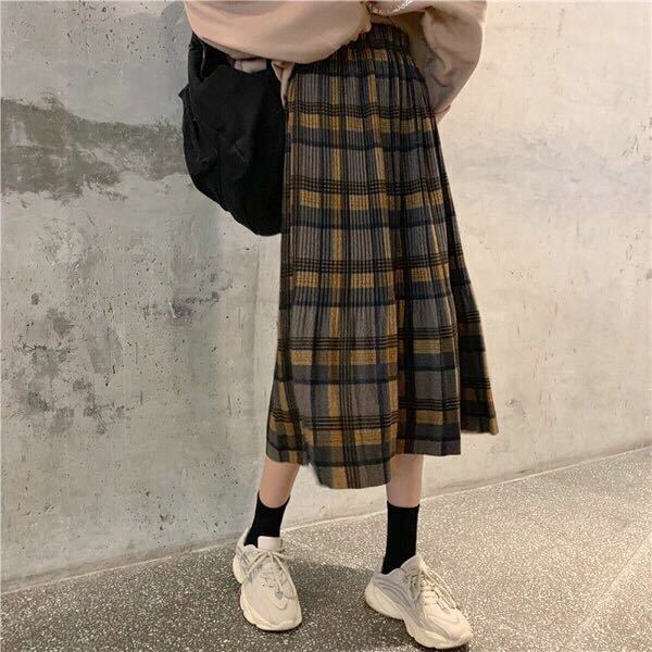 Falda plisada a cuadros de lana para mujer, falda retro que combina con todo, de cintura alta, longitud media