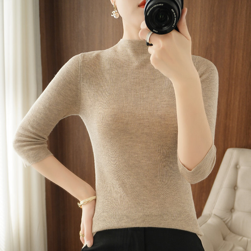 Suéter de Cuello medio alto para mujer, manga de tres cuartos, camisa de fondo ultrafina, suéter ajustado en el interior, otoño e invierno, nuevo