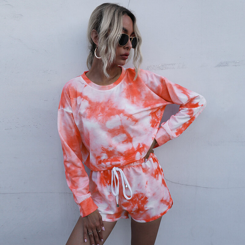 Women Tie Dye Colorful Loose Clothing Two Peices Sets Lady Long Sleeve Pullover O-Neck Top + High Waist Drawstring Shorts