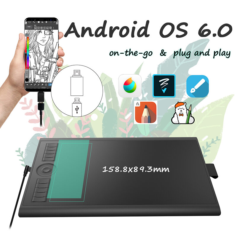 GAOMON M10K PRO 10*6.25 ''Papan Gambar Tablet Pena Grafis dengan Tekanan 8192 Baterai-Gratis Stylus Mendukung Android OS & Redial