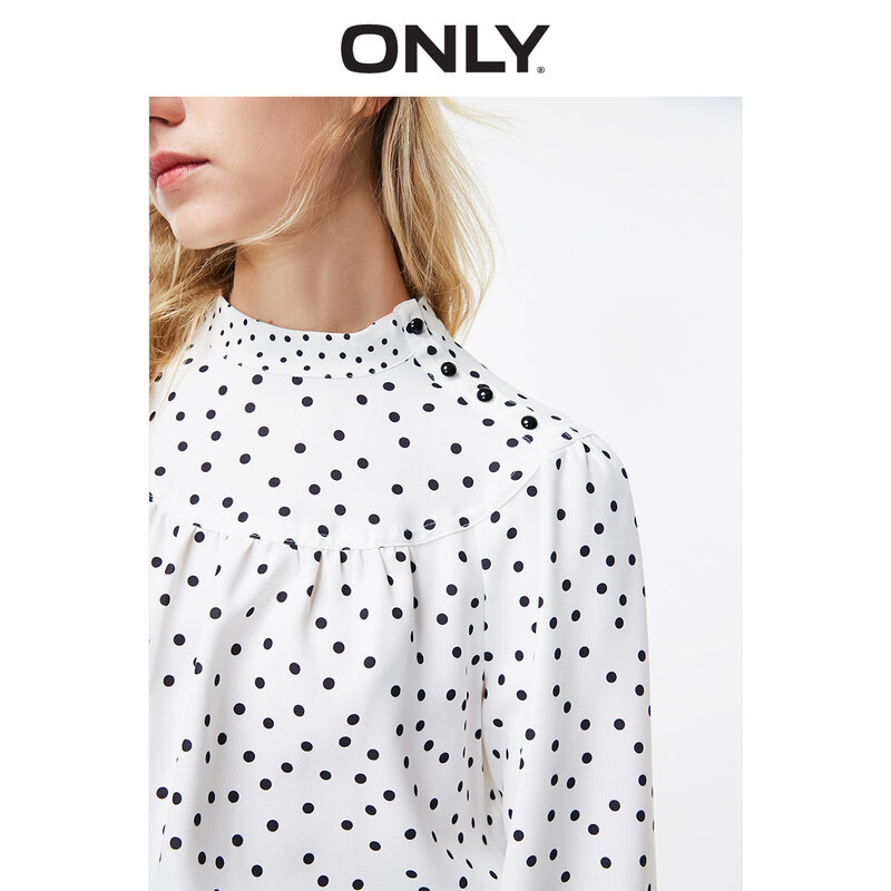 ONLY Women's  Loose Fit White Polka Dots Long-sleeved Chiffon Shirt | 119151508
