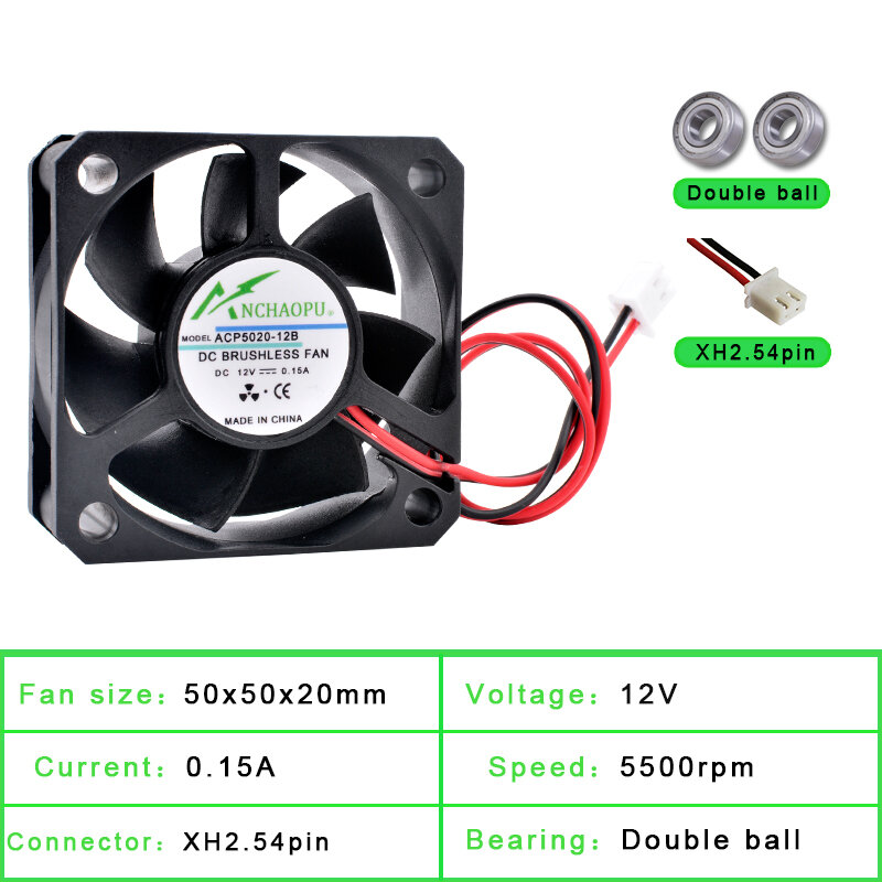 Вентилятор ACP5020 5 см, 50 мм, 50x50x20 мм, постоянный ток 5 В, 12 В, 24 В, 2-контактный Вентилятор охлаждения, подходит для шасси, источник питания, инвертор для зарядного устройства, принтера