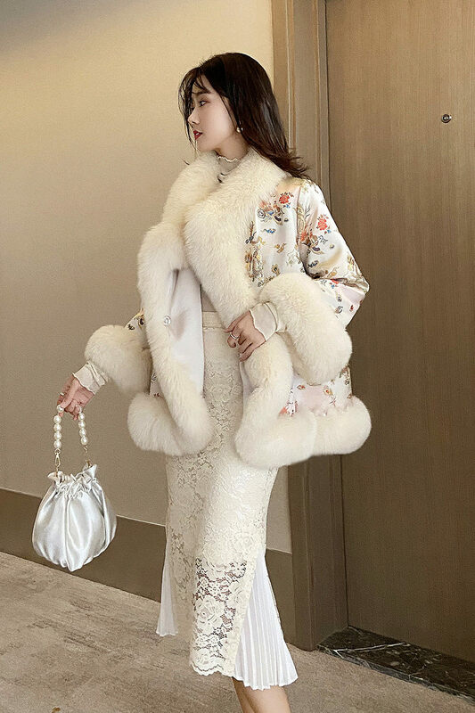 2020 nowy chiński styl futro z lisa sąd panie Satin średniej długości zroszony szal ze sztucznego futra kurtka kobiety płaszcz zimowy drukowane y253