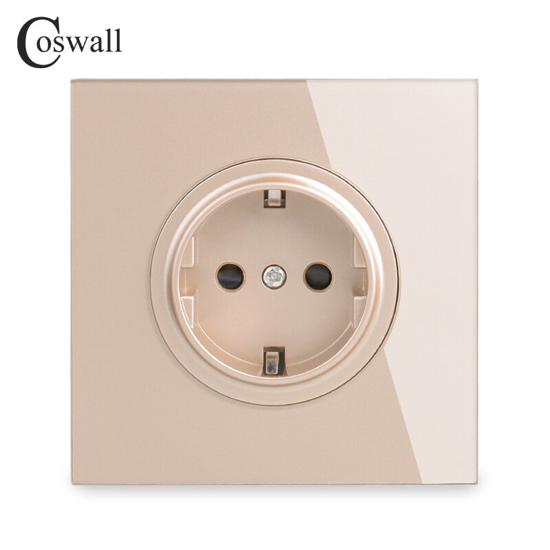 Coswall Pure Glass Frame EU Russia Spain Wall Power Socket Outlet Grounded With Child Protective Lock White Black Grey Gold
