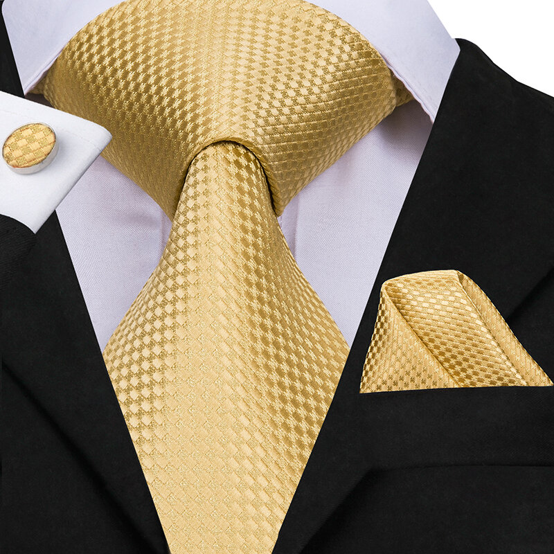 Hi-Tie Solid Gold Yellow Silk Ties For Men Handky Cufflinks Set Fashion Gift For Men's Tie Wedding Business Necktie