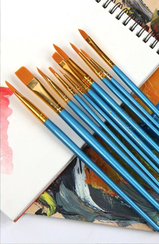 Acrílico Aquarela Paint Brush Set, Round Pointed, Nylon Dica Cabelo, Multifunções Gancho Linha, Curto Pointed Pen, Artistas, 10 pcs