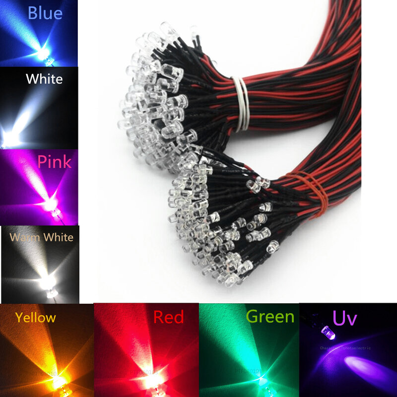 LED transparente de agua con soporte de plástico, 50-100 piezas, 3mm/5mm, rojo/verde/azul/RGB, blanco, UV, cc 12V, redondo precableado